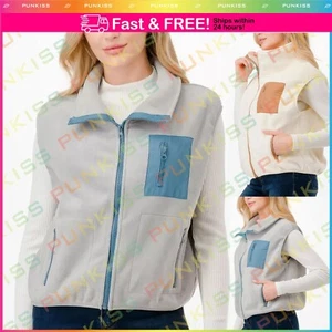 Womens Outwear Route Soft Fleece Zipper Chest Pocket Sleeveless Vest Jacket - Picture 1 of 9