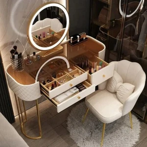 Women Drawers Dressers Makeup Storage Luxury Vanity Desk Modern Chairs W/ Mirror - Picture 1 of 28