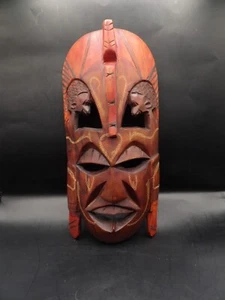 African Tribal Hand Carved Wood Warrior Face Mask Wall Decor Art *Cracked* - Picture 1 of 12