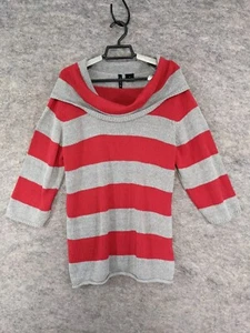New Directions Top Women Large Gray Red Stripe Sweater Knit Cowl Neck 3/4 Sleeve - Picture 1 of 11