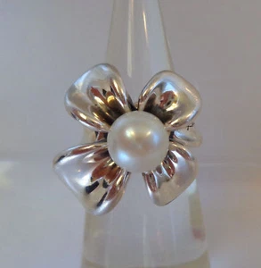 ANN KING Sterling Silver 7.6 mm Pearl Orchid Flower Ring 925 Sz: 5 very good - Picture 1 of 9