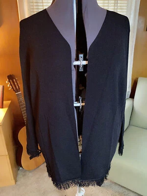 Dialogue Open Front Cardigan With Fringe Trim (Size 1X) - Image 1 of 4