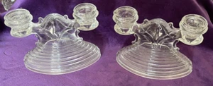 Pair of L.E. Smith Pressed Glass Art Deco Double Candle Holder Retro Classic - Picture 1 of 5