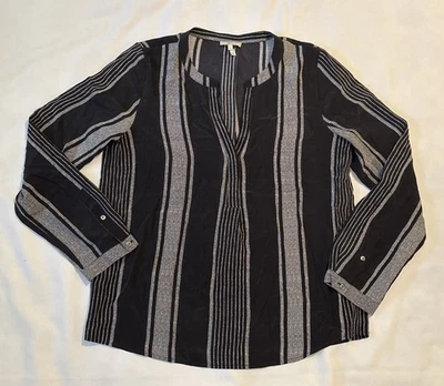 Joie 100% Silk Top Women’s S Gray Black Striped Popover Roll Tab Sleeve Office Foto 1 de 4