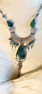 COLLAR FILIGRANA TONO PLATA ÉTNICO BOHO PIEDRAS PRECIOSAS LÁGRIMA CRISOCOLA 16 PULGADAS Foto 1 de 4