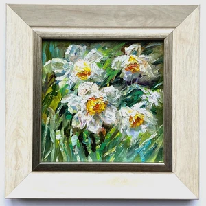 Weiße Narzissen Original Ölgemälde Garten Blumen Kunst gerahmt 4x4 Zoll Impasto - Bild 1 von 10