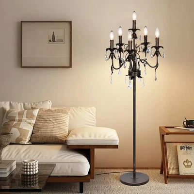 Lámpara de pie de cristal negro y dorado de 6 luces, lámpara de pie antigua de 65" con... Foto 1 de 4