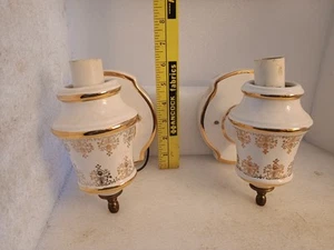 Pair Vintage Gold / White Pair Porcelain Bathroom Wall Sconce Lights Wired - Picture 1 of 6