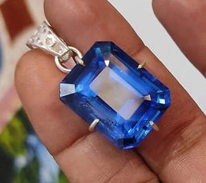 Natural 28 Ct Blue Sapphire Certified Emerald in Silver Loose Pendant Gemstone - Picture 1 of 5