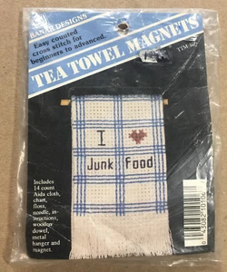 Vintage Banar Designs Tea Towel Magnet I LOVE JUNK FOOD Counted Cross Stitch Kit - Picture 1 of 2