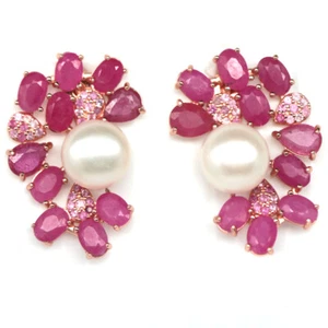 925 Sterling Silver 10 mm. White Pearl, Ruby & Sapphire Earrings - Picture 1 of 4