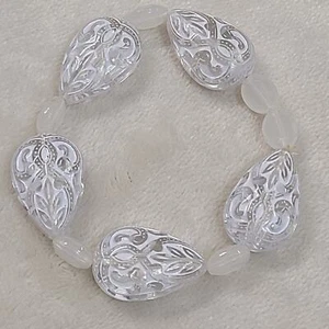 Frosted & White Patterned Resin Beaded Stretch Bracelet - Picture 1 of 3