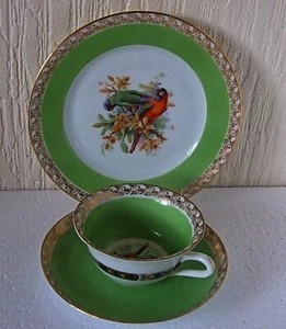 Royal Epiag Exotic Birds Czechoslovakia Green and Gold Cup Saucer & side plate - Picture 1 of 4
