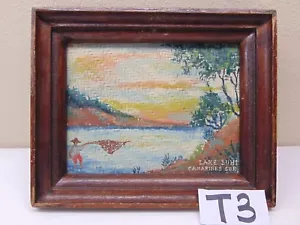VINTAGE HAND PAINTED PICTURE LAKE BUHI CAMARINES SUR PHILIPPINES FISHING WOVEN - Picture 1 of 12