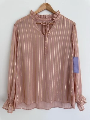 Blusa Top Kate & Mallory Mujer Rosa Dorado Rayas Metálicas Manga Larga Corbata Foto 1 de 4