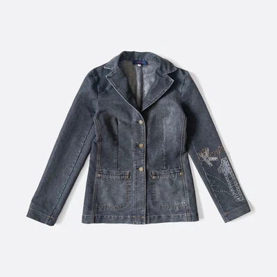 Chaqueta Denim Kenzo Jeans Gris 36 Retazos Ajustada Blazer De Un Solo Pecho De Colección Foto 1 de 4