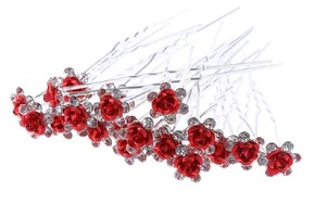 Lot de 5 épingles chignons fleur rouge et strass , bijou de cheveux mariage - Imagen 1 de 2