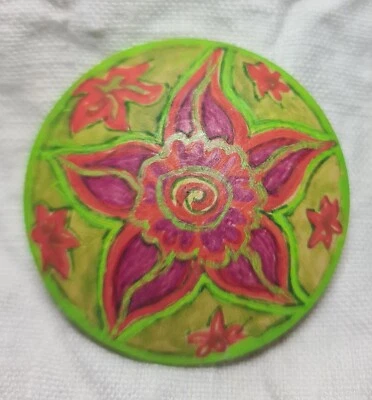 Red Five Petal Pentagram Flower hand painted Wooden Brooch Direct From Artist - Image 1 of 4