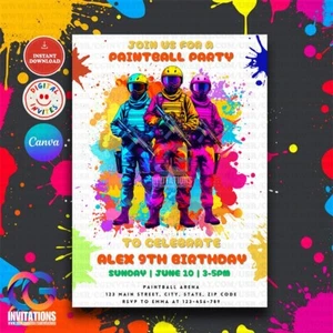 Paintball Birthday Party Invitation Template for Boys & Girls, Instant Download - Picture 1 of 8