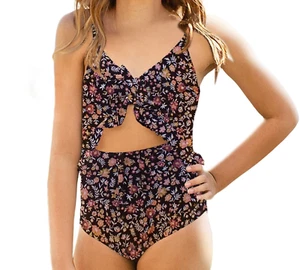 Kids Girls One Piece Swimsuits Floral High Waisted Tie Front Bathing Suit 7-8yrs - Picture 1 of 4