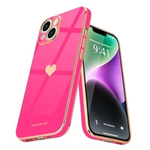 for iPhone 14 Case for Women Girl Cute Love Heart Luxury Electroplate Hot Pink - Picture 1 of 7