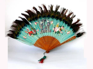 CHINE EVENTAIL ANCIEN - PLUME PAON DÉCOR PEINT GOUACHE DOUBLE FACE - BOIS AJOURÉ - Imagen 1 de 11