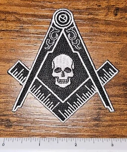 Black Masonic Skull Logo Embroidered Patch Freemason Square Compass Mason - Picture 1 of 1