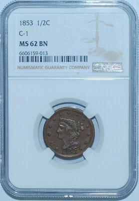 1853 NGC MS62BN Braided Hair Half Cent - Image 1 of 2