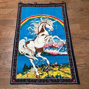 Vintage 80's Prancing Unicorn Flannel Rainbow Printed Wall Tapestry 57" x 37" - Picture 1 of 8