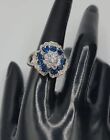 Sterling Silver Faux Sapphire Flower Ring Silver Tone Blue Clear Crystals SZ 9