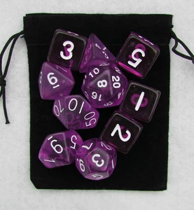 Translucent Purple RPG Dice Set: 7 + 3d6 = 10 die plus bag! - Bild 1 von 1