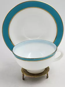 Vintage PYREX Turquoise Blue Gold Band Milk White Set Of 4 Cups And Saucers - Picture 1 of 8