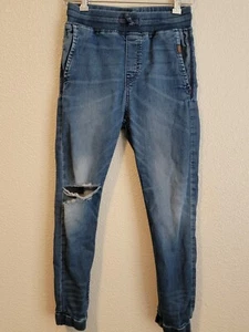 &Denim Jean Jogger Pants Boys Size 10-11Y Tapered Distressed Drawstring Blue - Picture 1 of 9