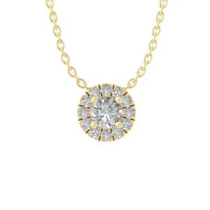 14k Yellow Gold Lab Grown Diamond Halo Pendant Necklace 16" Silver Chain - Picture 1 of 5