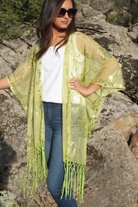 Green Butterfly Sequin Caftan Kimono Top One size Plus size - Picture 1 of 4