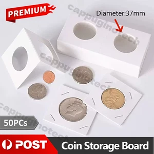 50x 37mm CARDBOARD COIN HOLDERS Staple Coin Holder Display Clear Window Folder - Picture 1 of 6
