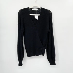 Astr V-Neck Surplice Wrap Knit Sweater Crossover Black Size M Long Sleeve - Picture 1 of 9