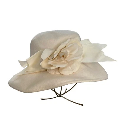 Винтажный 60-х 70-х Mr. Charles слоновой кости шерсти дерби коктейльное чаепитие шляпа цветок широкие поля - Изображение 1 из 4