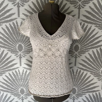 Винтажный Y2K крючком трикотажа Babydoll Топ женщин XL белый короткий рукав богемное Cottagecore - Изображение 1 из 4