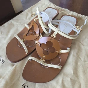LOUIS VUITTON Mules Sandals Frat Leather Brown/White EU37/US7 91685c - Picture 1 of 24