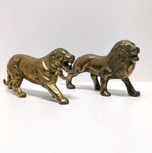 Vtg Brass Lion Tiger Pair Statue Bookends Safari Mid-Century Hand-Finished - Picture 1 of 20