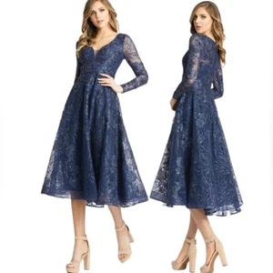 MAC DUGGAL Midnight Navy EMBELLISHED PLUNGE NECK ILLUSION LONG SLEEVE MIDI Sz 12 - Picture 1 of 16