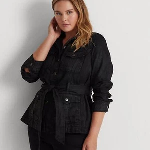 Lauren Ralph beschichtete Denim-Krawatte Taillenflügel mit Gürtelspitze Kragen Truckerjacke 14 W - Bild 1 von 12