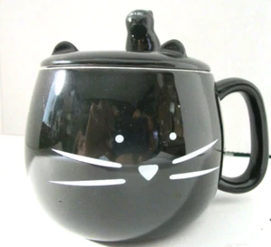 Black Ceramic Mom Cat Cup Mug with Kitten Lid - Picture 1 of 9