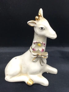 Vtg Miniature Giraffe White Japan 3.25” Porcelain Flower Gold Bow MCM Collector - Picture 1 of 12