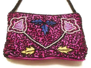 Pink Beaded Purse Handbag Floral Design Silk with Zip Beautiful Vintage - Picture 1 of 9