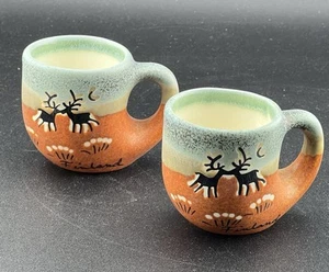 Set of 2 Vintage Pottery Mini Mugs Reindeer Finland Caribou 2” Souvenir - Picture 1 of 11