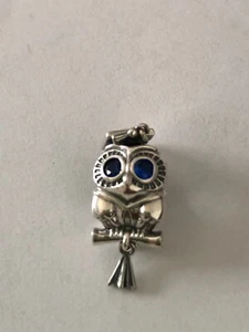 Blue Eye Wise Owl Charm, Authentic S925 Sterling Silver Bead Charm - Picture 1 of 3