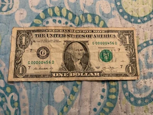 2013 1 Dollar Bill. Low Serial Number. G 00000456 D. - Picture 1 of 6