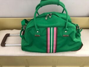 Vintage TOMMY HILFIGER Rolling Travel Duffle Bag Preppy Green w pink stripe 